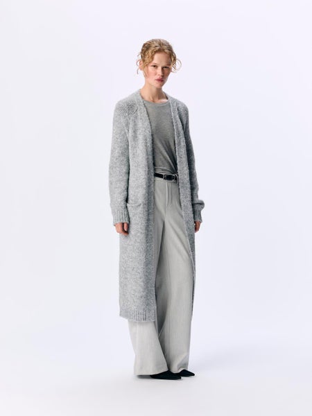 OBJMilu Lo Long Knit Cardigan, Medium Grey Melange