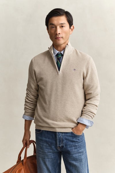Textured Cotton Half-Zip Sweater, Oat Melange