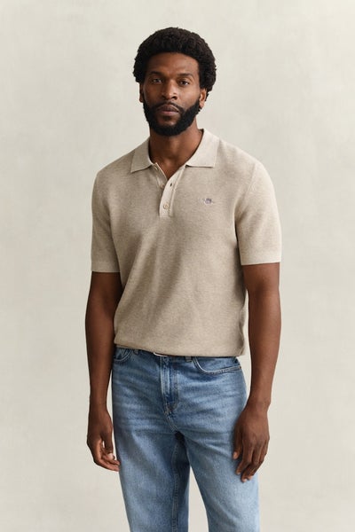 Textured Cotton Polo Sweater, Oat Melange