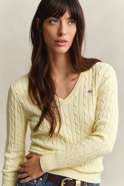 Cable Knit V-Neck Sweater, Vanilla Yellow