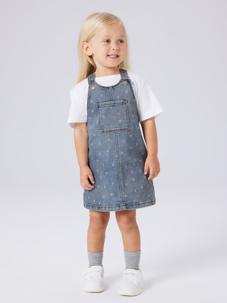 NMFRosa Short Denim Bibskirt 3555, Medium Blue Denim - Flower