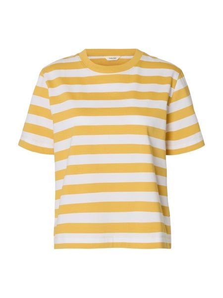 SLWEssential Striped Boxy Tee, Ochre - Bright White - Wide