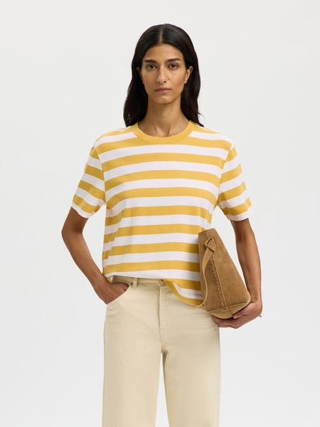 SLWEssential Striped Boxy Tee, Ochre - Bright White - Wide