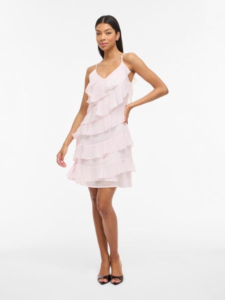 VILuna Strap Ruffle Short Dress, Cherry Blossom