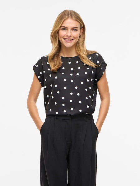 VIEllette Full Satin Top, Black - Snow White Dots